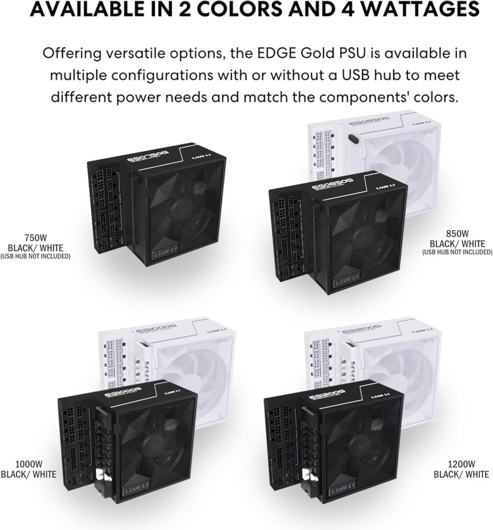 Lian Li EDGE1000W Fully Modular Low-Noise ATX Power Supply - ATX 3.1 & PCIE 5.1 Compliant - Cybenetics Gold Efficiency - 12V-2x6 Cable - L-Shape Design - with USB/Fan Hub - White (EG1000G.WH) - Image 2