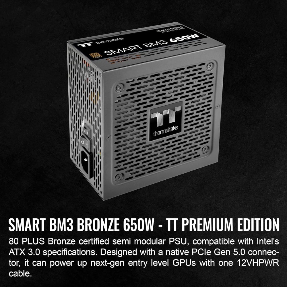 Thermaltake Smart BM3 650W 80Plus Bronze ATX 3.0 & PCIE 5.0 Ready Semi-Modular Power Supply; 105°C/221°F Japanese Capacitor; 5 Year Warranty; PS-SPD-0650MNFABU-3 - Image 2