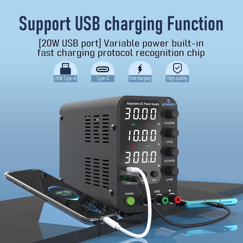 0-32V 0-10A Switching Bench Power Supply with 20W USB & Type-C Quick-Charge