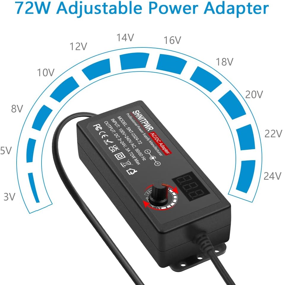 SHNITPWR 3V ~ 24V 3A 72W Power Supply Adjustable DC 3V 5V 6V 9V 12V 15V 16V 18V 19V 20V 24V Variable Universal AC/DC Adapter 100V-240V AC to DC Converter with 14 Tips 5.5x2.5mm 4.0x1.7mm 3.5x1.35mm - Image 2