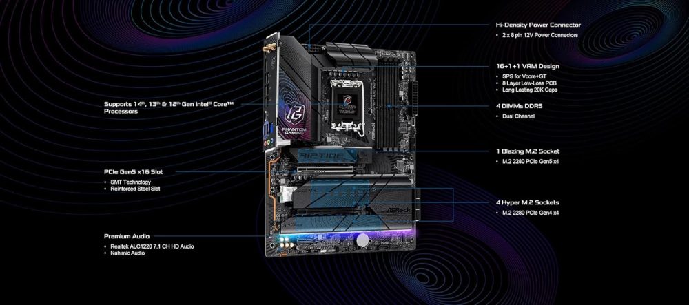ASRock Z790 Riptide WiFi LGA1700 ATX Motherboard | Supports 14th/13th/12th Gen Intel | DDR5 8000+ (OC) | PCIe 5.0 | WiFi 7 | 8 SATA | 16+1+1 Power Phase | Killer 2.5G LAN - Image 2