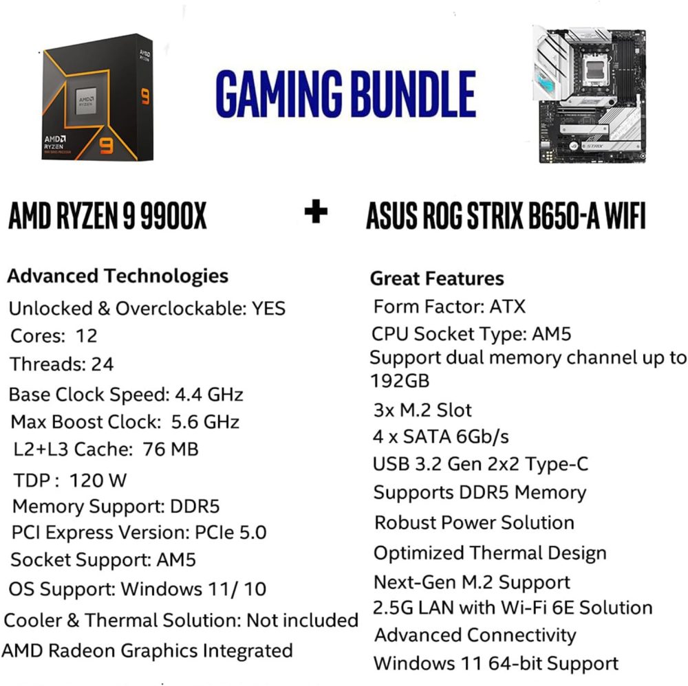 Micro Center AMD Ryzen 9 9900X AM5 CPU Processor Bundle with ASUS ROG Strix B650-A Gaming WiFi 6E AM5 Ryzen 7000 Gaming Motherboard - Image 2