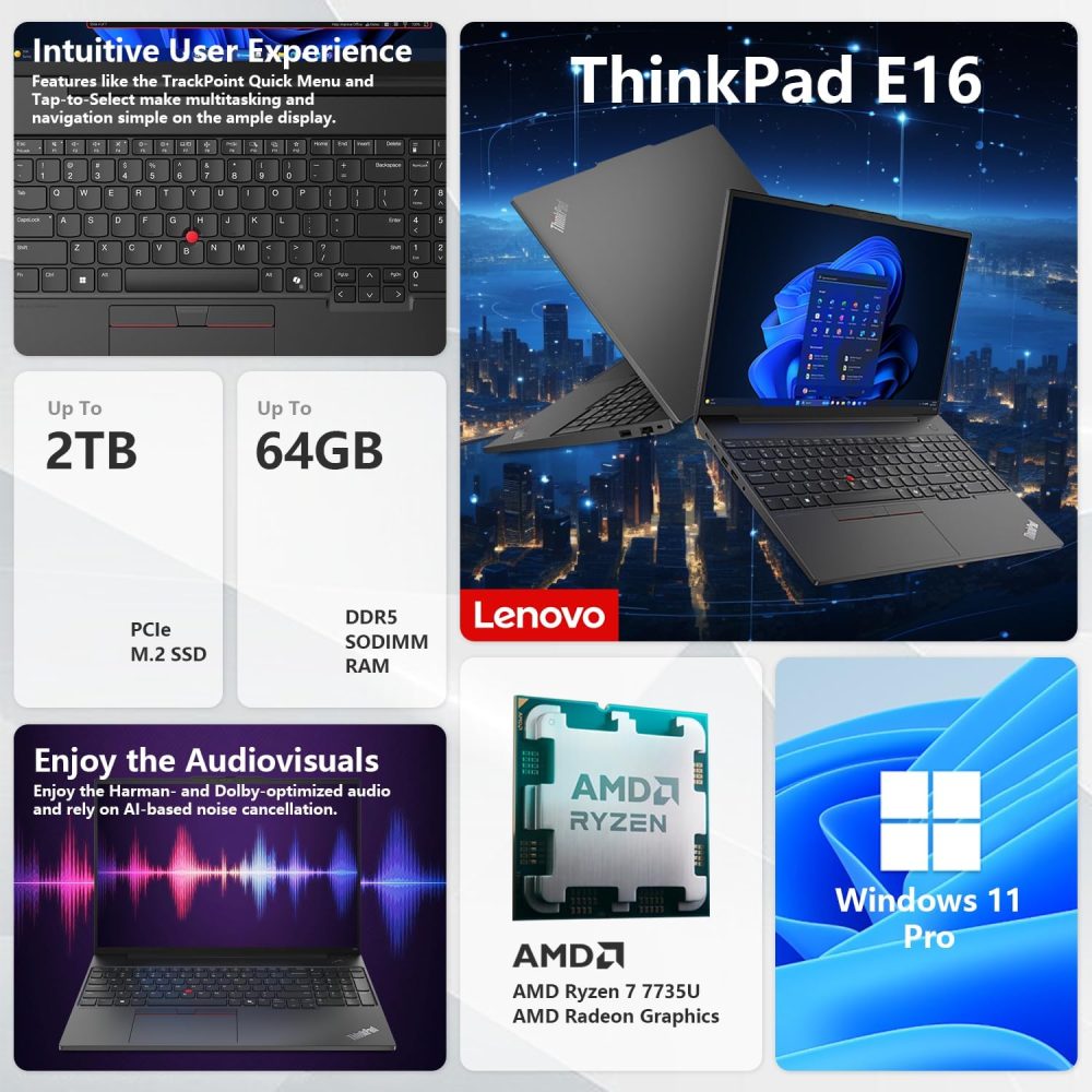 Lenovo ThinkPad E16 Gen 2 Laptop | 16" FHD+ | AMD Ryzen 7 7735U | 32GB DDR5 RAM | 1TB SSD | Fingerprint | Backlit Keyboard | | Webcam | HDMI | Wi-Fi 6 | Windows 11 Pro | Black | with Bundle Set - Image 2