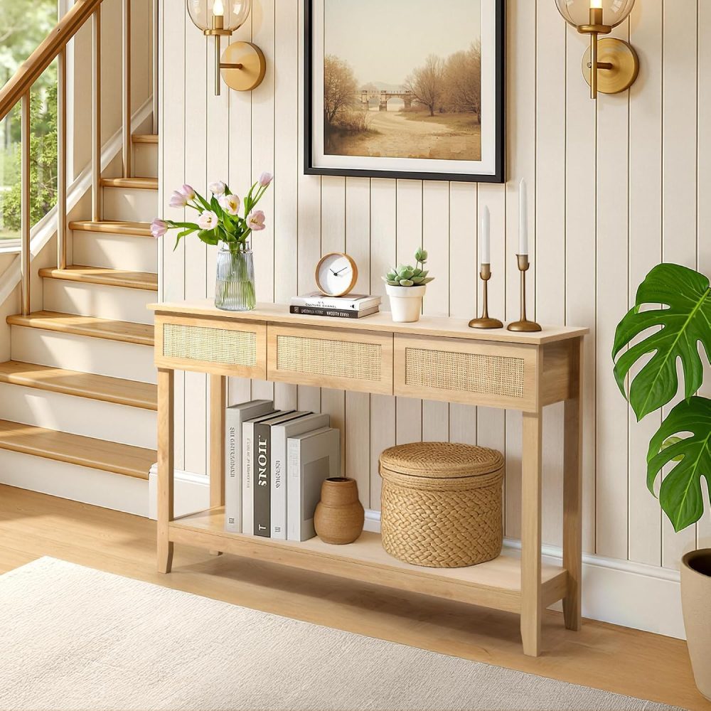 Rattan Entryway Table with Storage Narrow Long