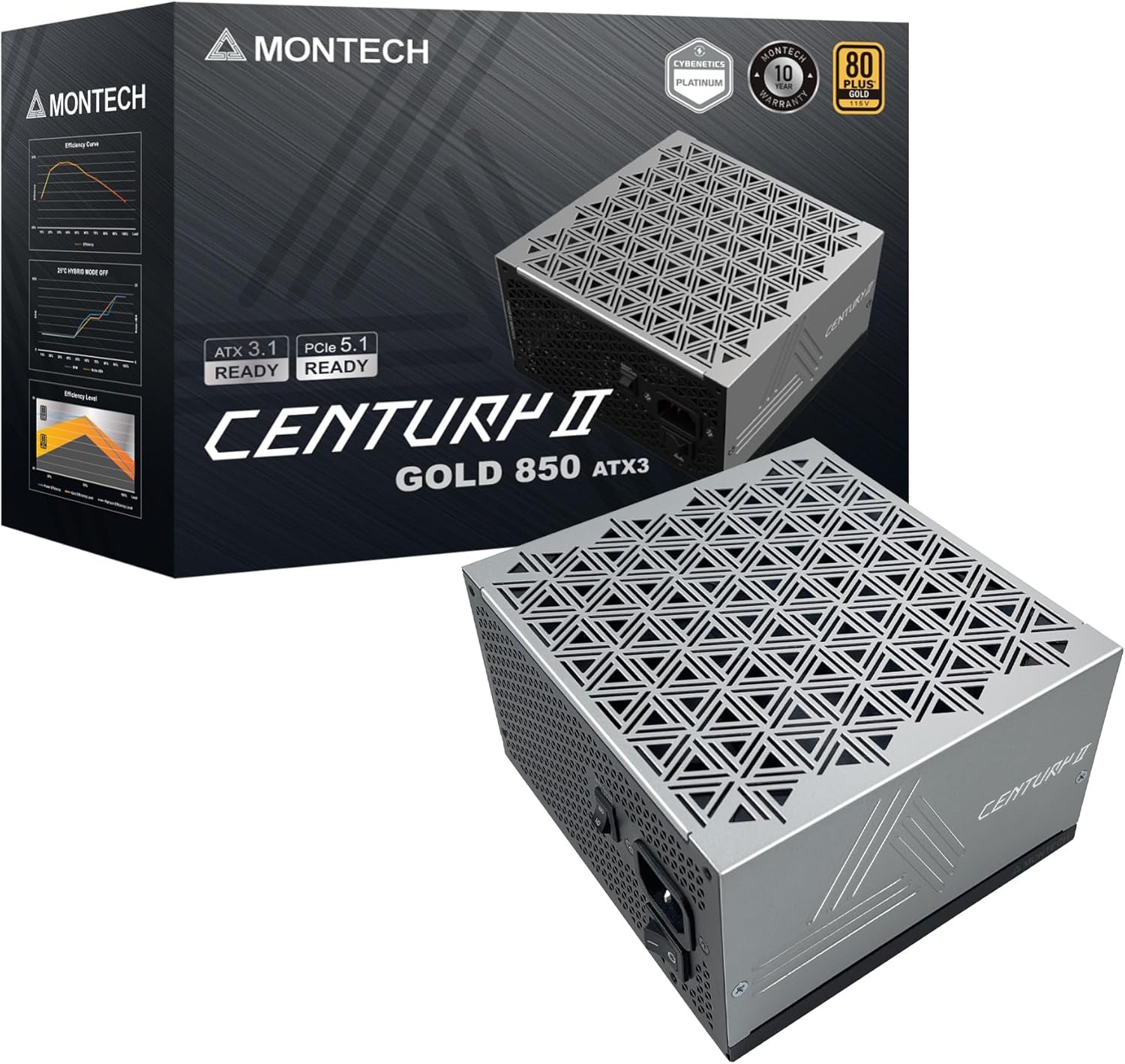 MONTECH Century II - 850W High-End ATX Gaming Power Supply - 80 Plus Gold & Cybenetics Platinum - Fully Modular - ATX 3.1 & PCIe 5.1 Ready with 12V-2x6 Cable - 10 Years Warranty
