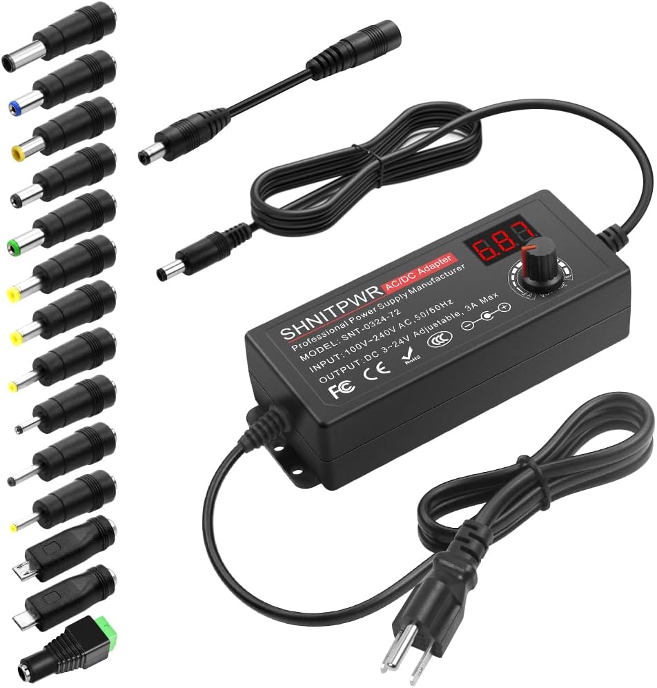 SHNITPWR 3V ~ 24V 3A 72W Power Supply Adjustable DC 3V 5V 6V 9V 12V 15V 16V 18V 19V 20V 24V Variable Universal AC/DC Adapter 100V-240V AC to DC Converter with 14 Tips 5.5x2.5mm 4.0x1.7mm 3.5x1.35mm