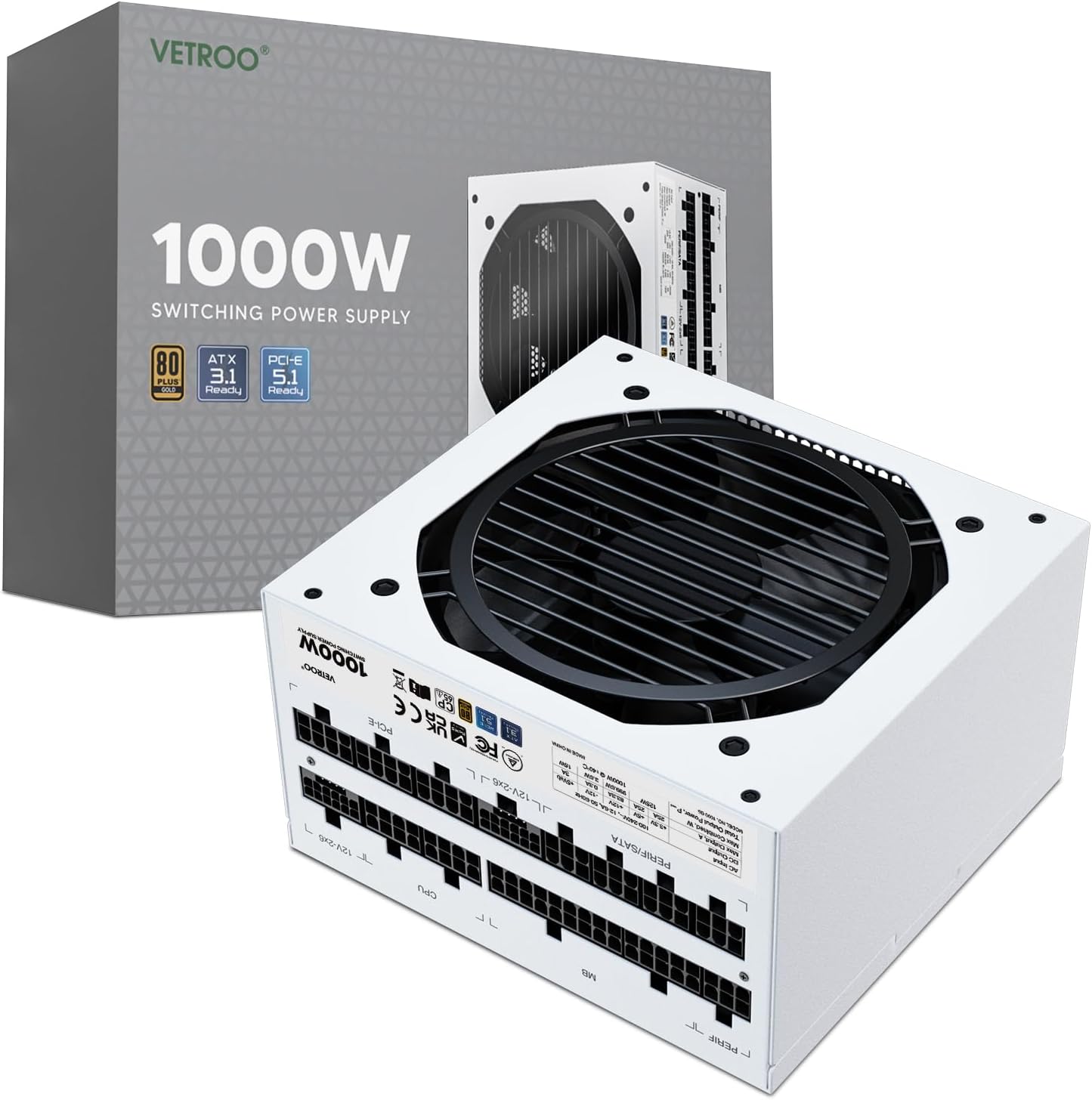 Vetroo 1000W White Power Supply ATX 3.1 Ready Dual PCIe 5.1