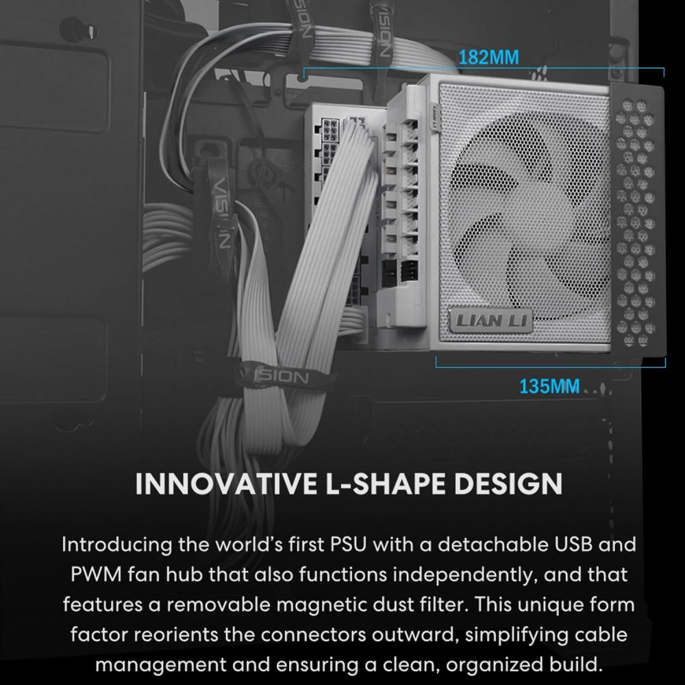 Lian Li EDGE1000W Fully Modular Low-Noise ATX Power Supply - ATX 3.1 & PCIE 5.1 Compliant - Cybenetics Gold Efficiency - 12V-2x6 Cable - L-Shape Design - with USB/Fan Hub - White (EG1000G.WH) - Image 3