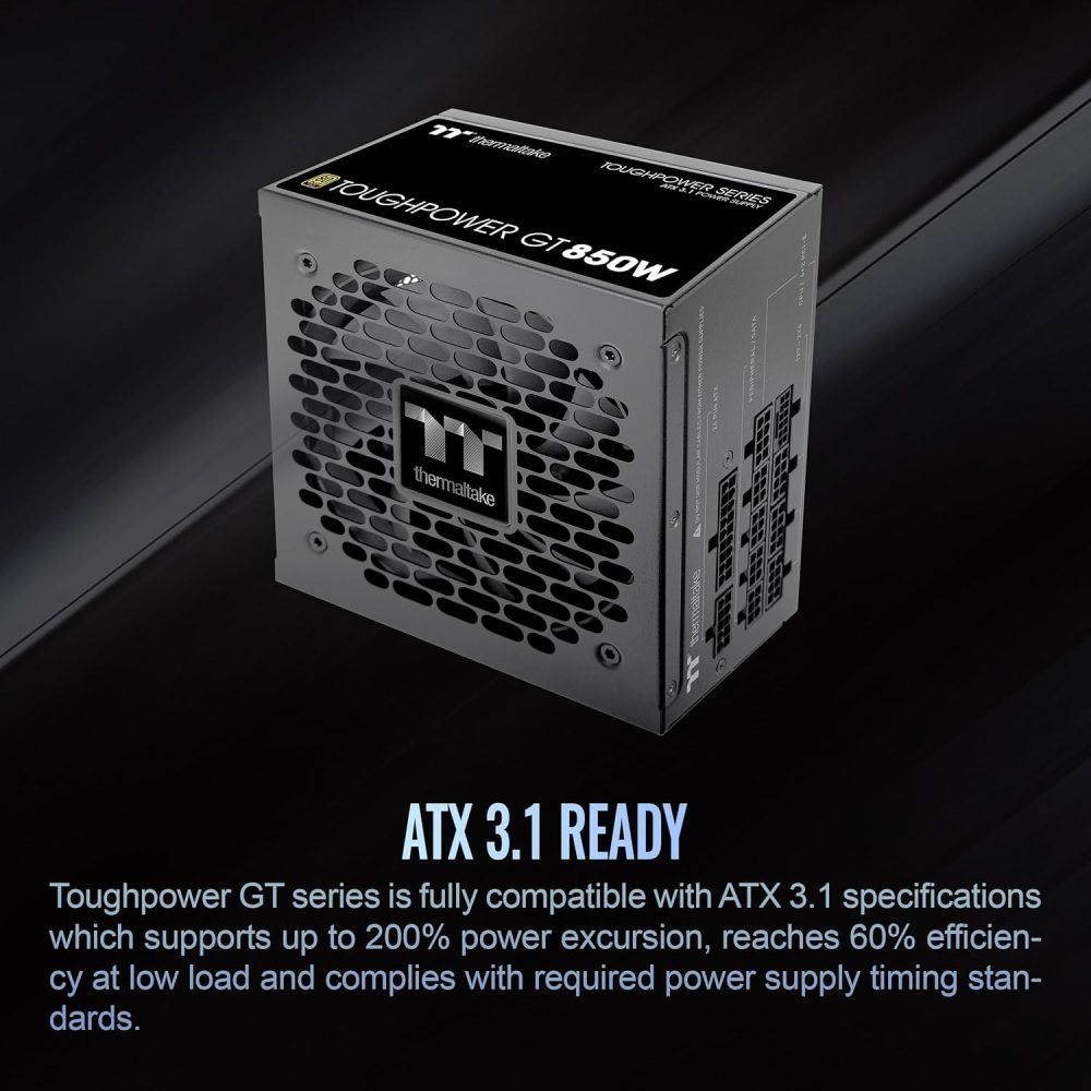 Thermaltake Toughpower GT 850W ATX 3.1 Standard Power Supply; 80 Plus Gold Efficiency; Smart Zero Fan; Native 450W PCIe 5.1 Connector; PS-TPT-0850FNFAGU-3; 5 Year Warranty - Image 3