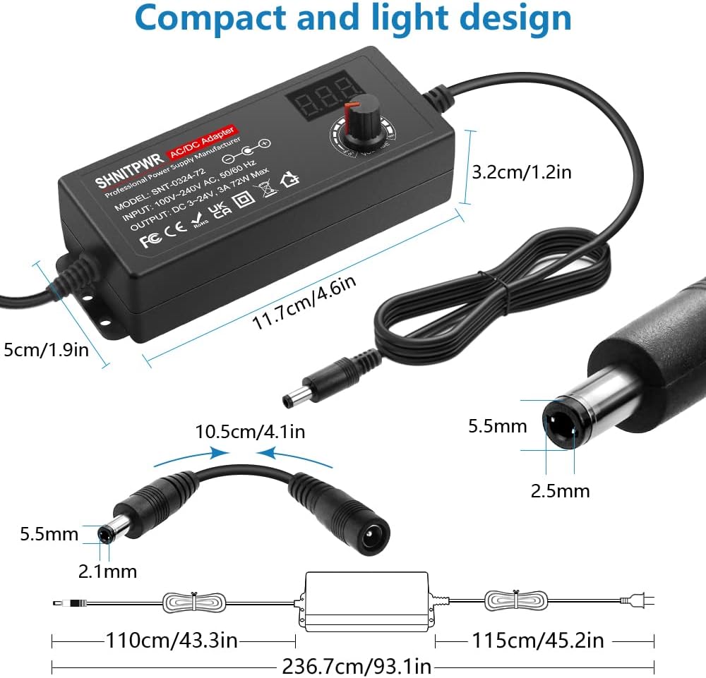SHNITPWR 3V ~ 24V 3A 72W Power Supply Adjustable DC 3V 5V 6V 9V 12V 15V 16V 18V 19V 20V 24V Variable Universal AC/DC Adapter 100V-240V AC to DC Converter with 14 Tips 5.5x2.5mm 4.0x1.7mm 3.5x1.35mm - Image 3