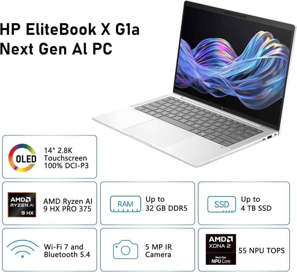 HP EliteBook X G1a AI Laptop | 14" 2.8K OLED Touchscreen | AMD Ryzen AI 9 HX PRO 375 (55 NPU Tops) | 32GB DDR5 2TB SSD | Copilot+ PC for Creator Business Professional Win11 w/DLCA Accessory - Image 3