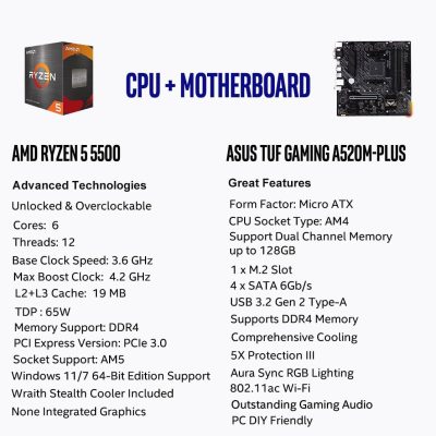 Micro Center AMD Ryzen 5 5500 Desktop Processor with ASUS TUF Gaming A520M-PLUS (WiFi) AM4 microATX Motherboard (M.2 Support