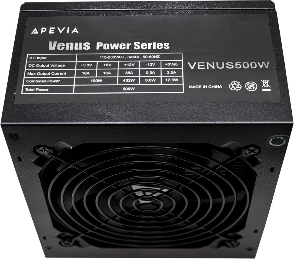 APEVIA VENUS500W Venus 500W ATX Power Supply with Auto-Thermally Controlled 120mm Fan, 115/230V Switch, All Protections - Image 4
