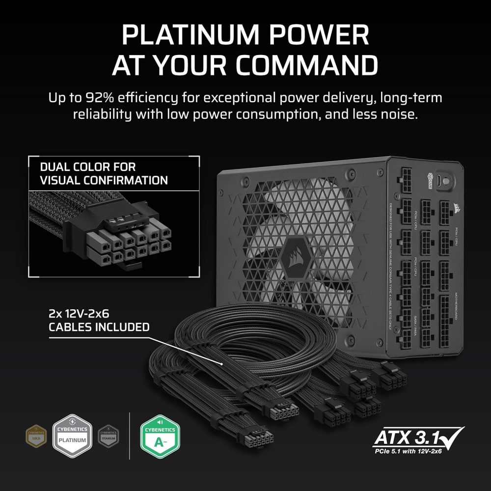 CORSAIR HX1500i (2025) Fully Modular Ultra-Low Noise ATX Power Supply with 12V-2x6 Cable – ATX 3.1 & PCIe 5.1 Compliant, Cybenetics Platinum Efficiency, Fluid Dynamic Bearing Fan – Black - Image 4