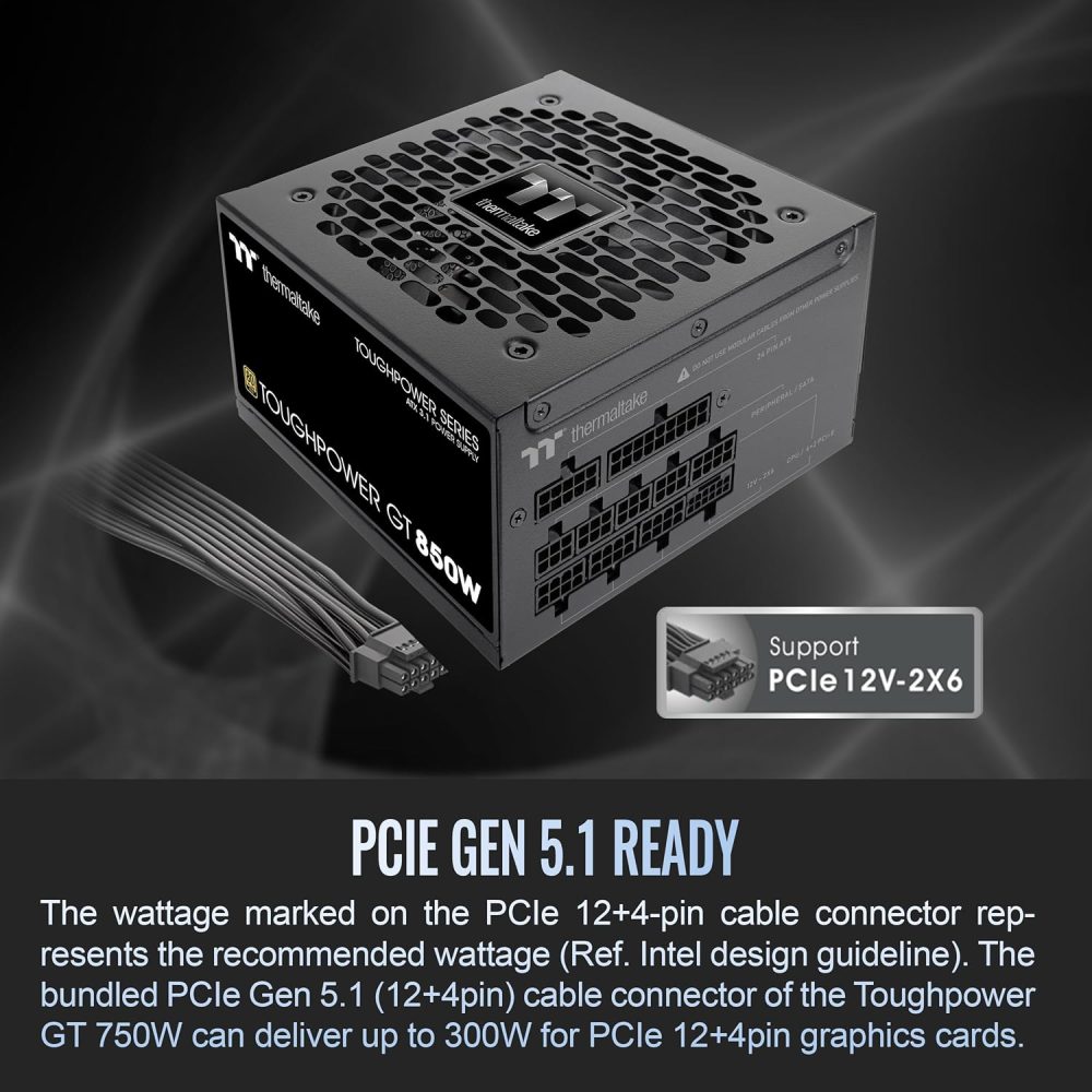 Thermaltake Toughpower GT 850W ATX 3.1 Standard Power Supply; 80 Plus Gold Efficiency; Smart Zero Fan; Native 450W PCIe 5.1 Connector; PS-TPT-0850FNFAGU-3; 5 Year Warranty - Image 4