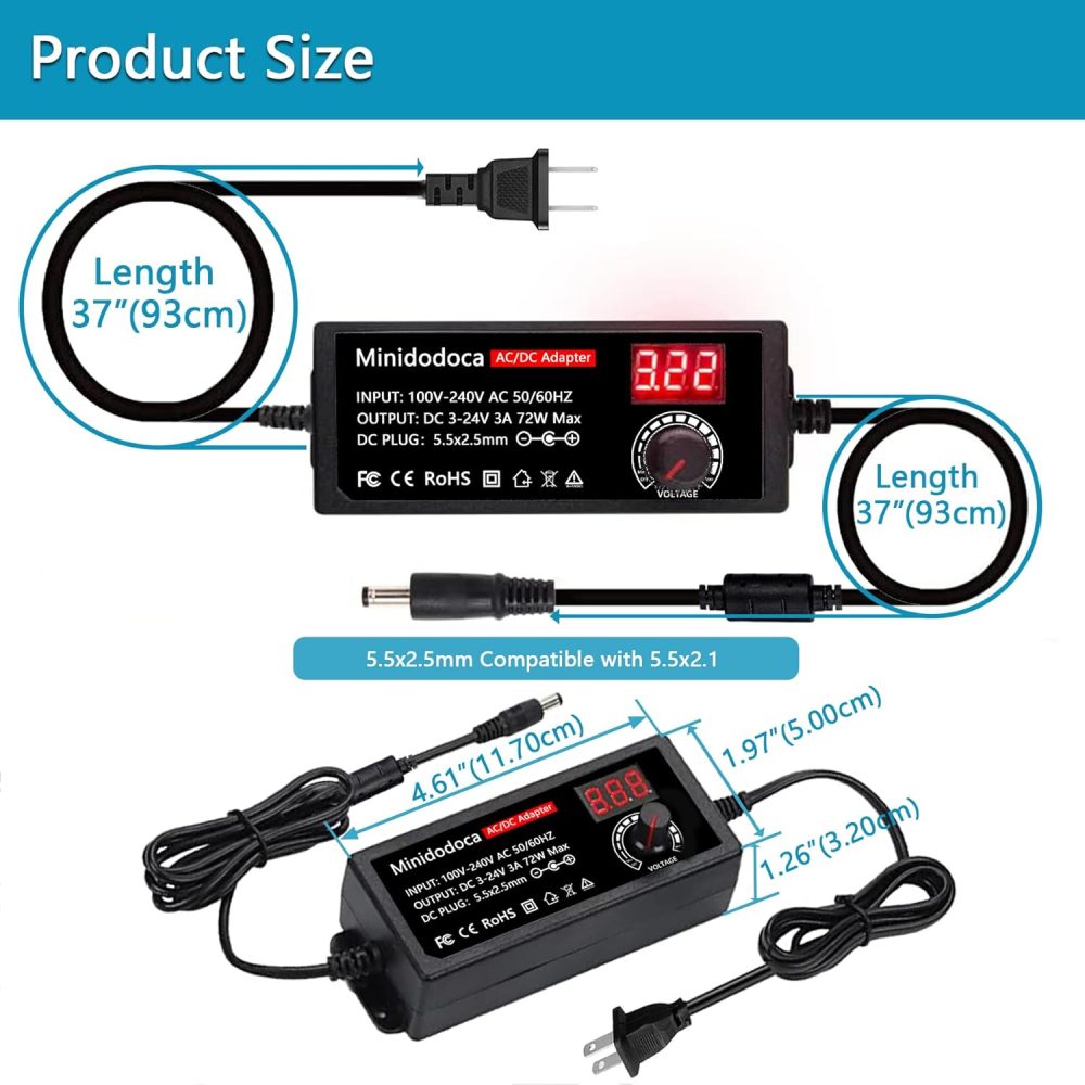 72W Power Supply Adjustable 3V ~ 24V Variable Universal Switching AC/DC Adapter Minidodoca AC to DC Converter with LED Voltage Display and 16 Tips, for 3V to 24V Household Electronics - 3000mA Max - Image 4