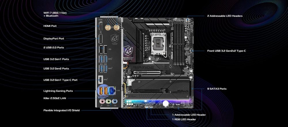 ASRock Z790 Riptide WiFi LGA1700 ATX Motherboard | Supports 14th/13th/12th Gen Intel | DDR5 8000+ (OC) | PCIe 5.0 | WiFi 7 | 8 SATA | 16+1+1 Power Phase | Killer 2.5G LAN - Image 4