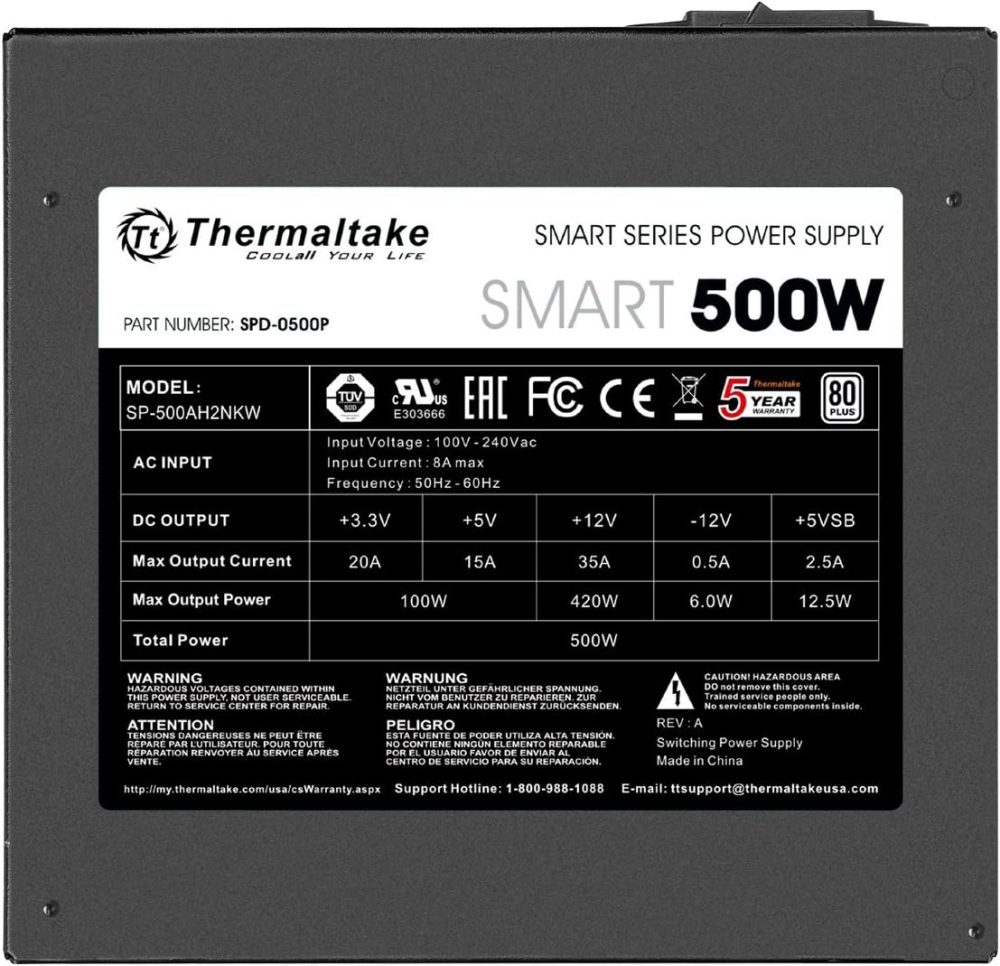 Thermaltake Smart 500W 80+ White Certified PSU, Continuous Power with 120mm Ultra Quiet Cooling Fan, ATX 12V V2.3/EPS 12V Active PFC Power Supply PS-SPD-0500NPCWUS-W - Image 4
