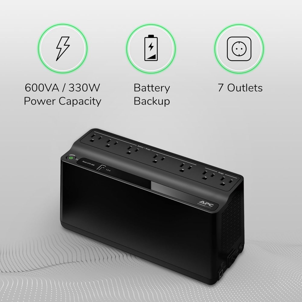 APC UPS Battery Backup & Surge Protector, 600VA Backup Battery Power Supply, BE600M1 Back-UPS with USB Charger Port - Image 5
