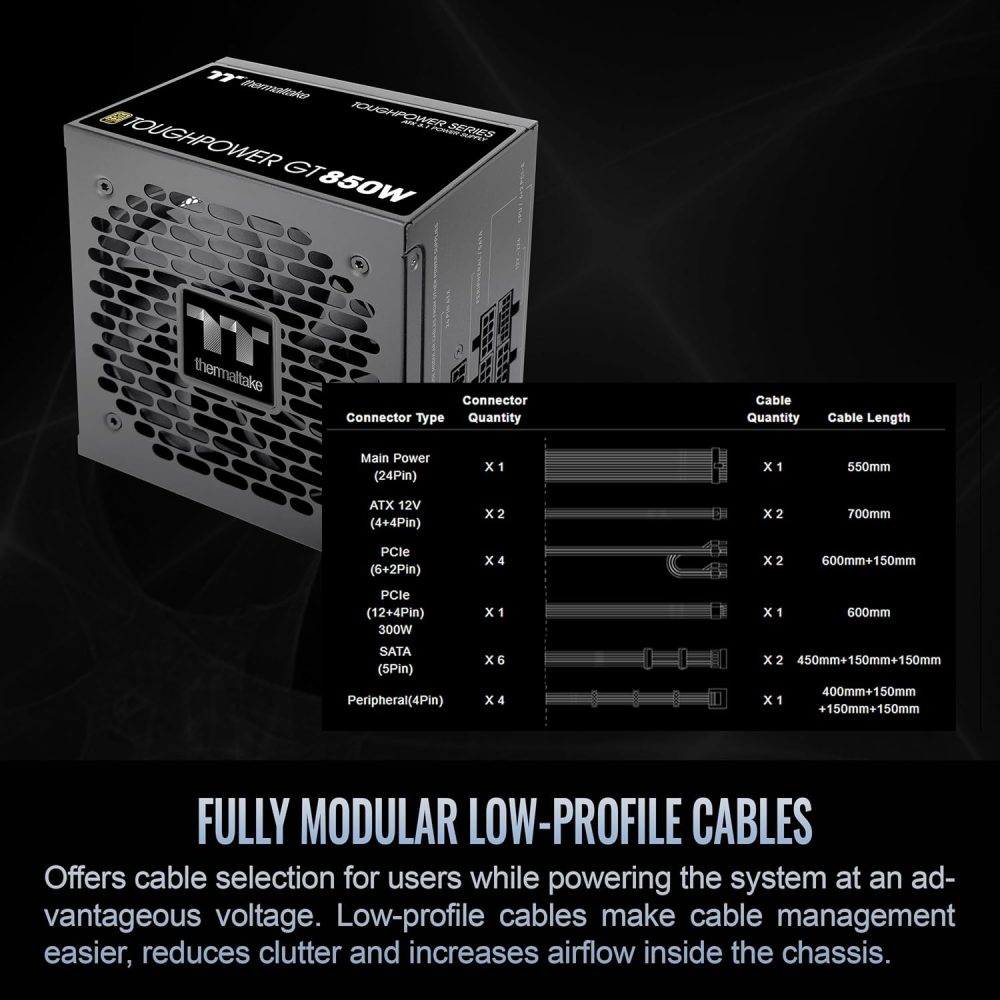 Thermaltake Toughpower GT 850W ATX 3.1 Standard Power Supply; 80 Plus Gold Efficiency; Smart Zero Fan; Native 450W PCIe 5.1 Connector; PS-TPT-0850FNFAGU-3; 5 Year Warranty - Image 5