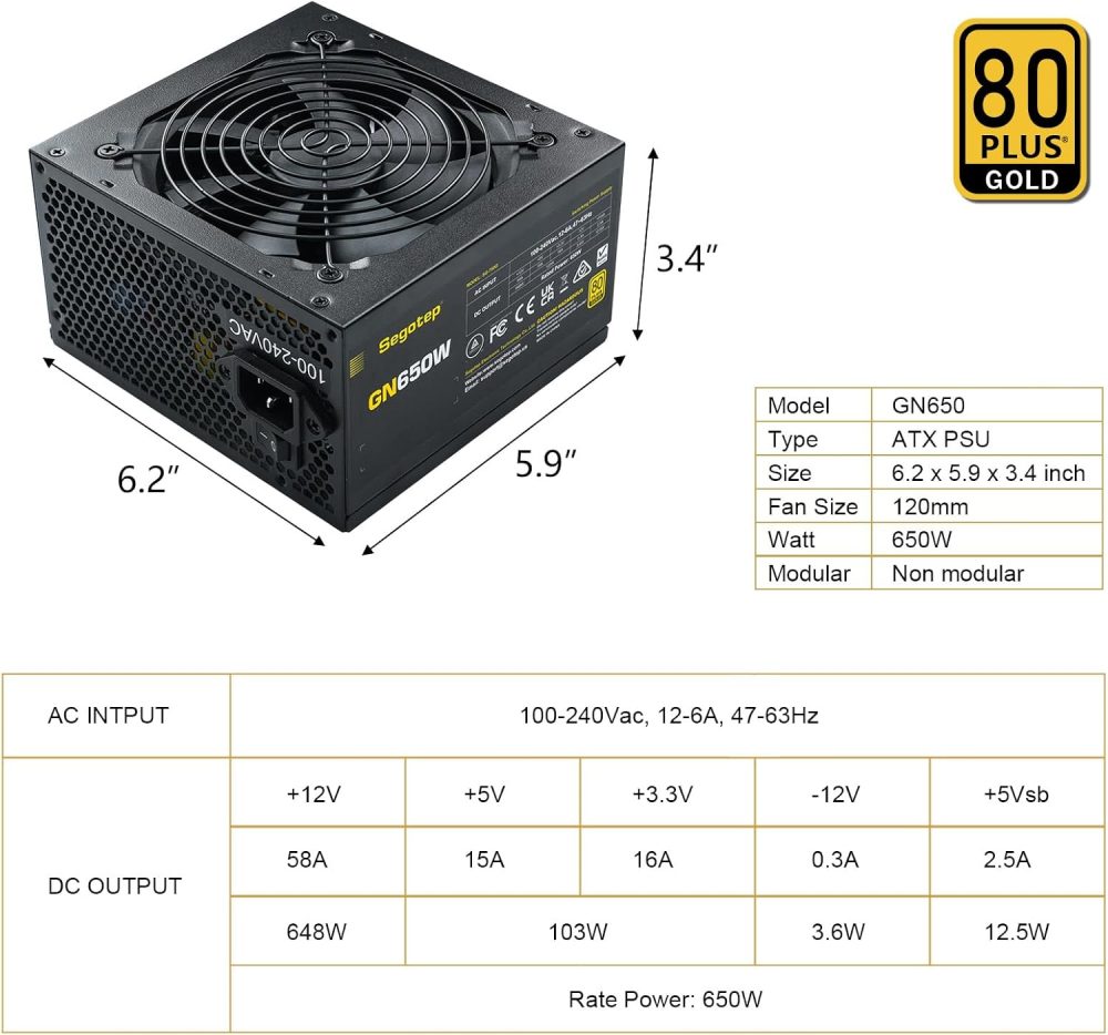 Segotep 650W 80 Plus Gold Certified Non-Modular ATX Power Supply with 6+2 Pin Connectors PFC Protection and RoHS Compliance, 120mm Silent Fan Gaming PSU GN-650 Black - Image 5