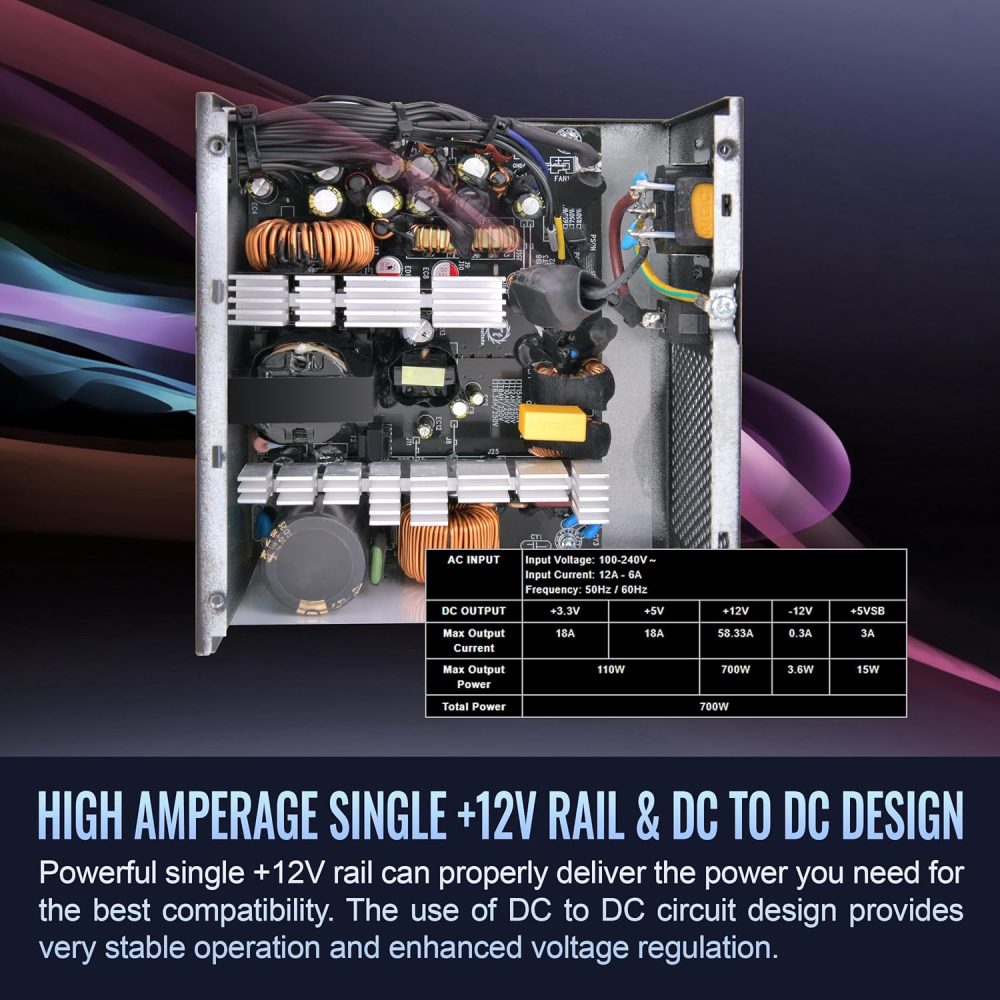 Smart W3 Series 80Plus Certified 700W Power Supply; ATX v3.1 Spec; 120mm FDB Fan; 5 Year Warranty; PS-SPW-0700NNFAWU-1 - Image 5