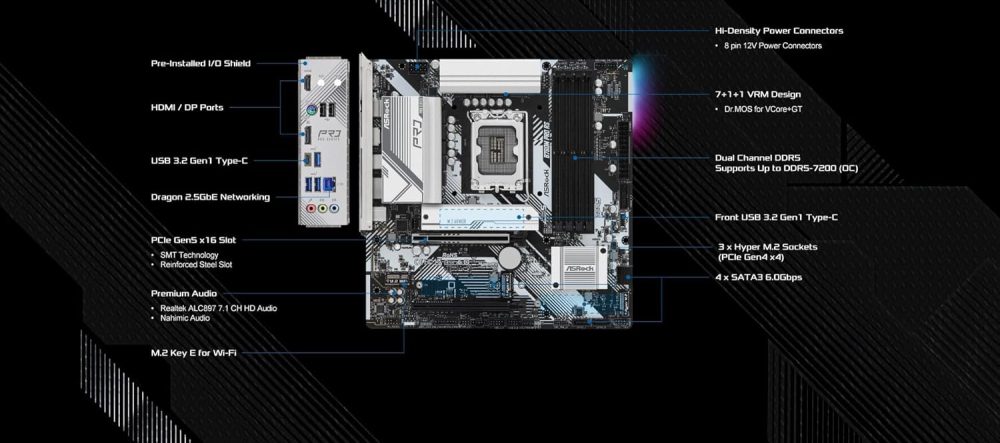 ASRock B760M Pro RS Motherboard DDR5 7200MHz HDMI DisplayPort eDP PCIe Gen5 (Graphics) 14th 13th 12th Gen Intel Core Processors LGA1700 192GB - Image 5