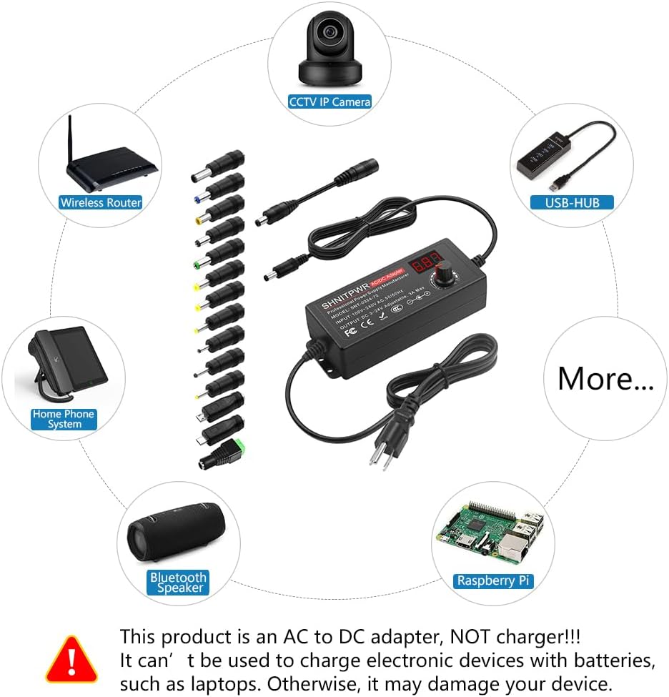 SHNITPWR 3V ~ 24V 3A 72W Power Supply Adjustable DC 3V 5V 6V 9V 12V 15V 16V 18V 19V 20V 24V Variable Universal AC/DC Adapter 100V-240V AC to DC Converter with 14 Tips 5.5x2.5mm 4.0x1.7mm 3.5x1.35mm - Image 6