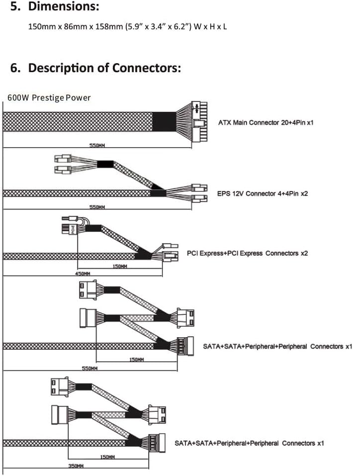 Apevia ATX-PR600W Prestige 600W 80+ Gold Certified, RoHS Compliance, Active PFC ATX Gaming Power Supply - Image 6