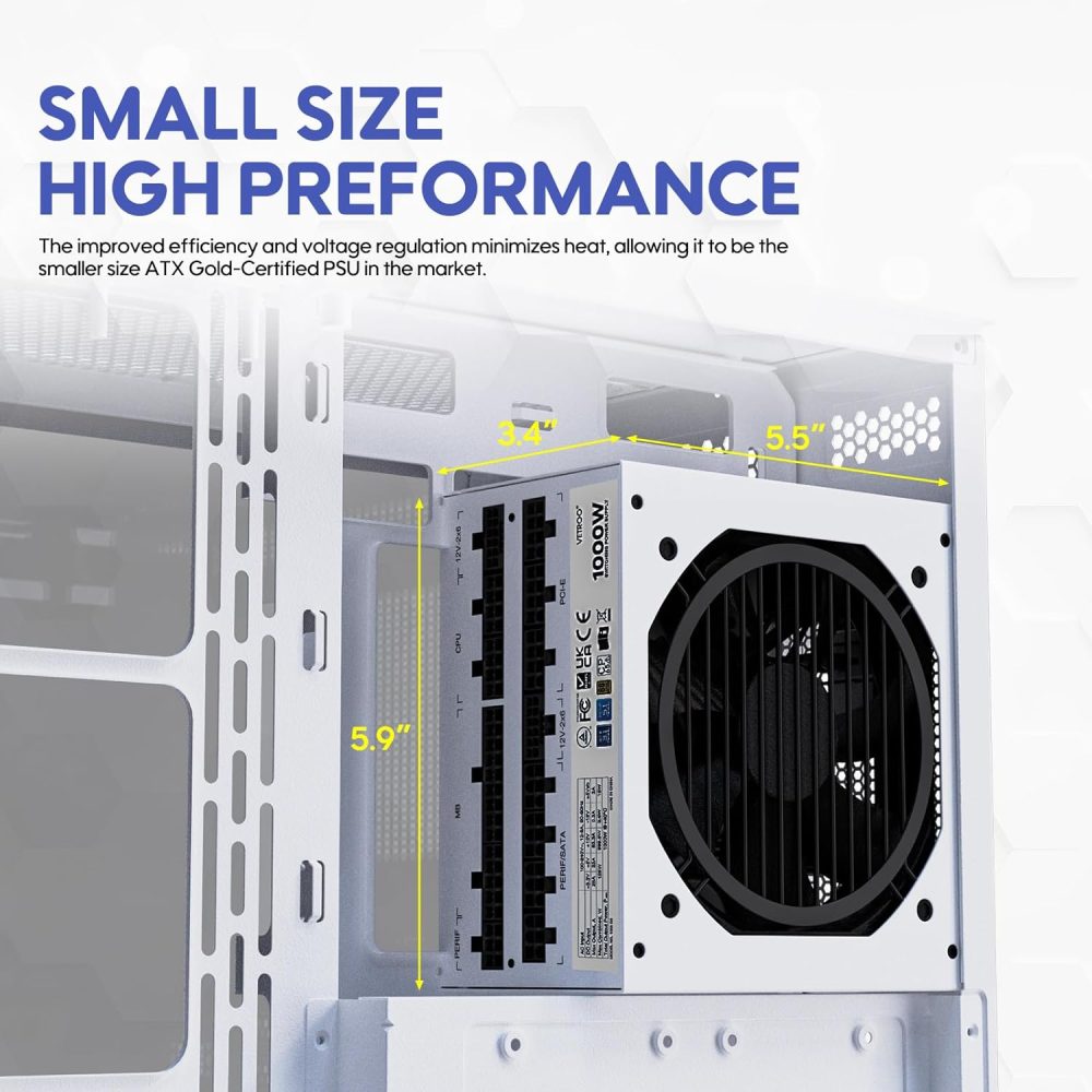 Vetroo 1000W White Power Supply ATX 3.1 Ready Dual PCIe 5.1, 80 Plus Gold Full Modular, Eco Mode with 120mm FDB Fan, Compact Size, 10 Year Warranty for Gaming PC - Image 6