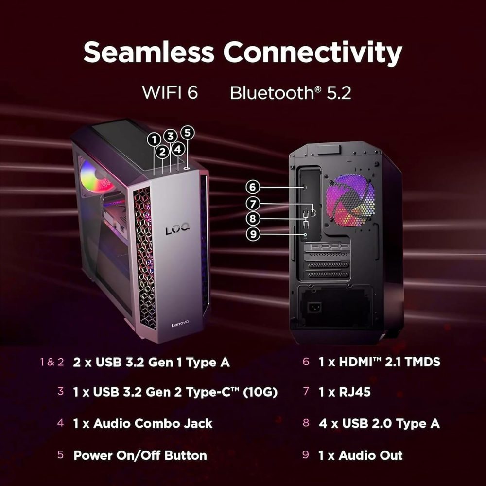 Lenovo LOQ Tower Gaming Desktop | AMD 8-Core Ryzen 7 8745HX | 32GB DDR5 1TB SSD | NVIDIA GeForce RTX 5060 Ti DLSS 4 (Up to 759 AI Tops) | Type-C Wi-Fi 6 Win11 Pro w/DLCA Accessory - Image 6
