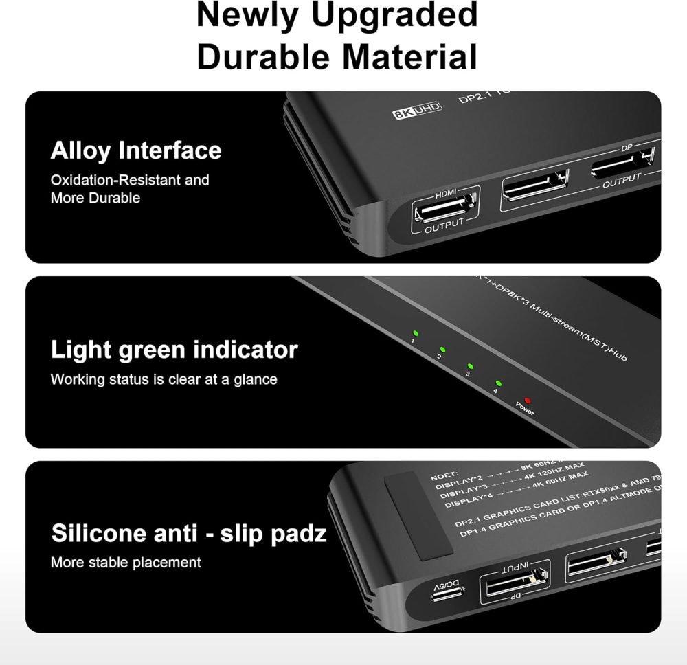 DisplayPort Splitter for 4 Monitors, Three DP with HDMI Adapter 8K@60Hz Extended Display 1 in 4 Out DisplayPort MST Hub for Multiple Monitor, Compatible with Computer, Graphic Card, PC - Image 6